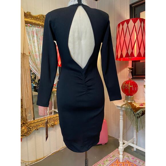 1980s black wool bandage dress backless beaded mock neck ruched 80s body con med - Picture 8 of 11